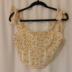SHEIN Yellow Floral Tie Shoulder Faux Corset Blouse